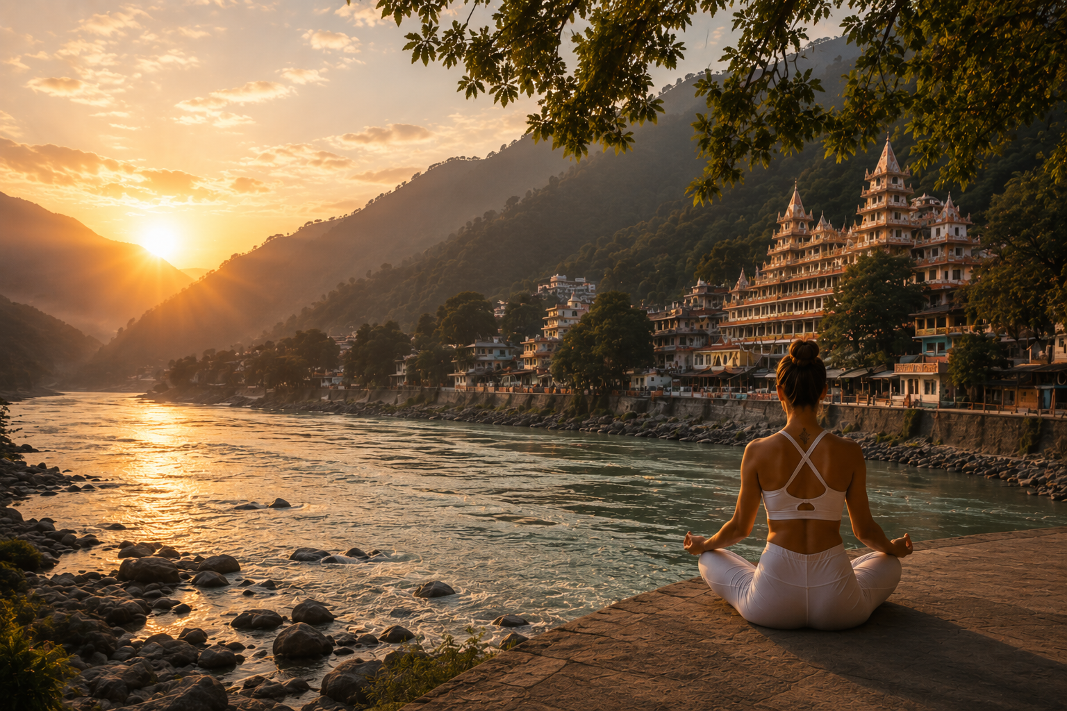 Woman meditating in lotus pose facing an open window overlooking the Ganges and Himalayan foothills at sunrise